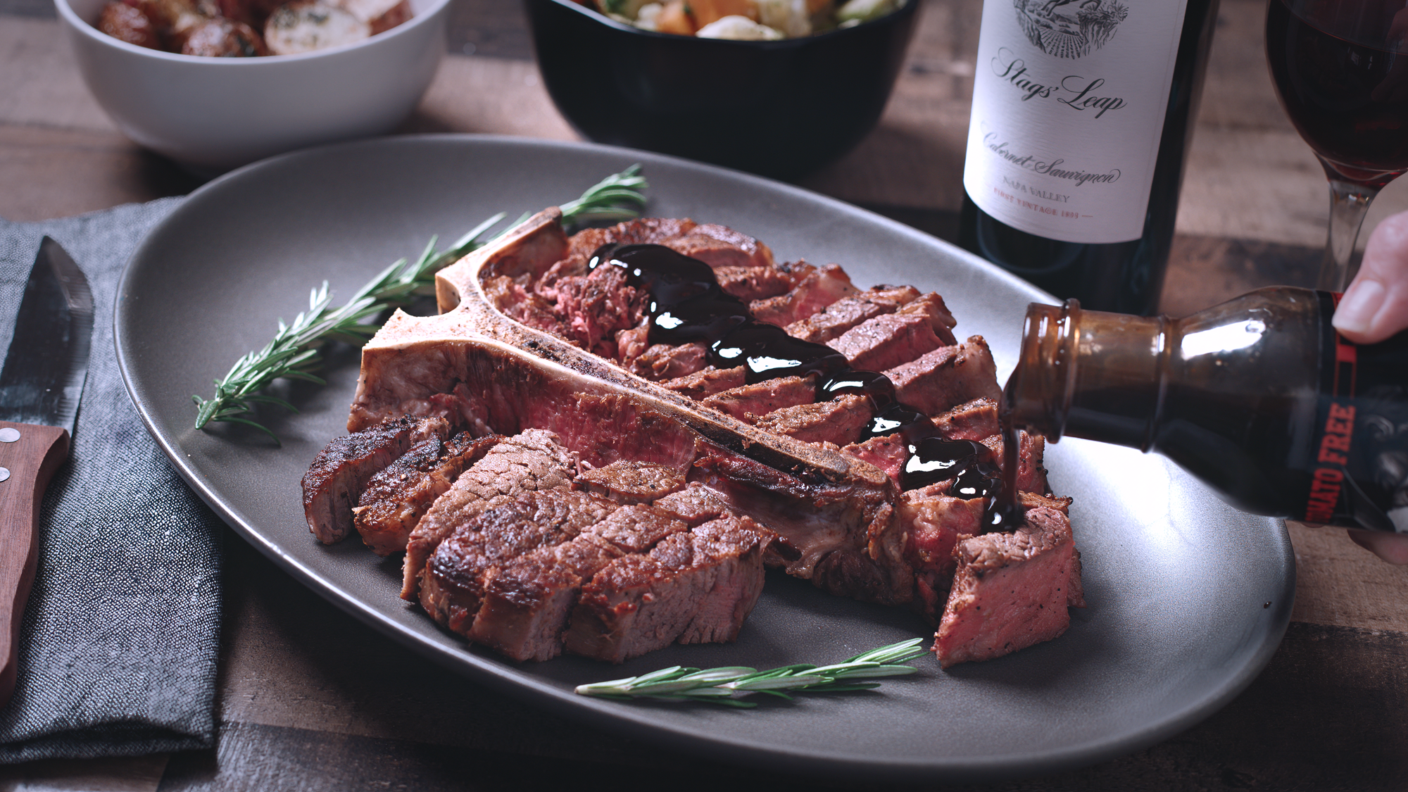 Porterhouse steak with Black Cavern sauce