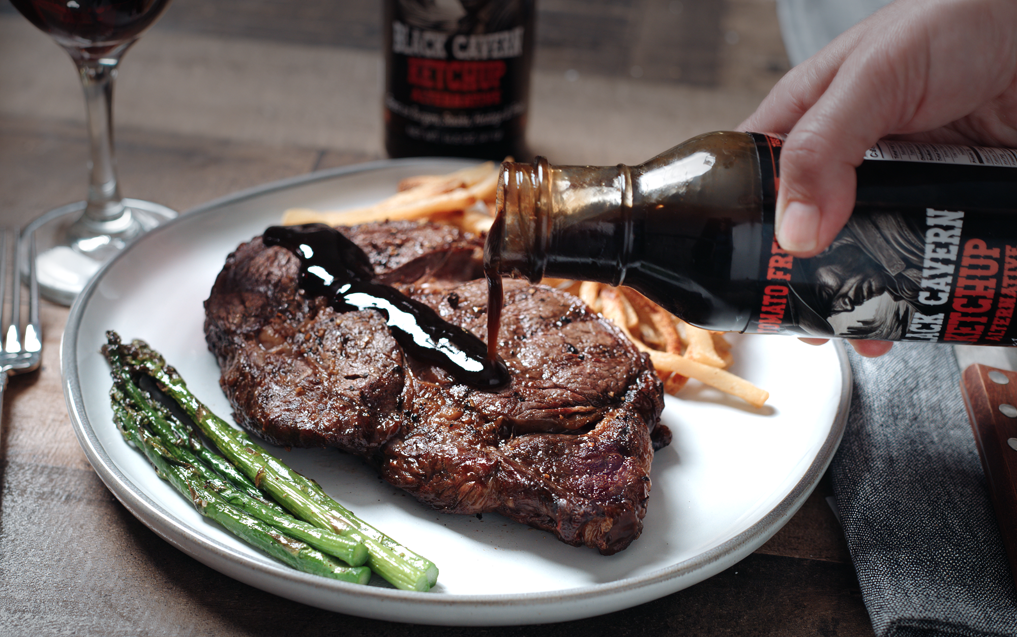Ribeye steak with Black Cavern sauce